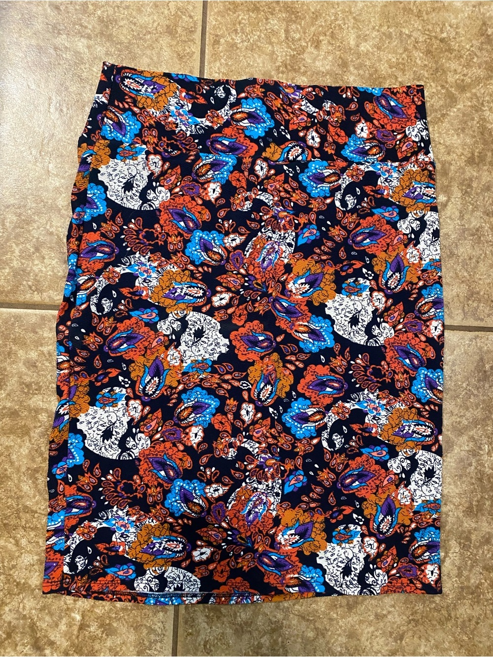 Printed Pencil Skirt in Navy Blue, Orange & Teal - Cassie XL
